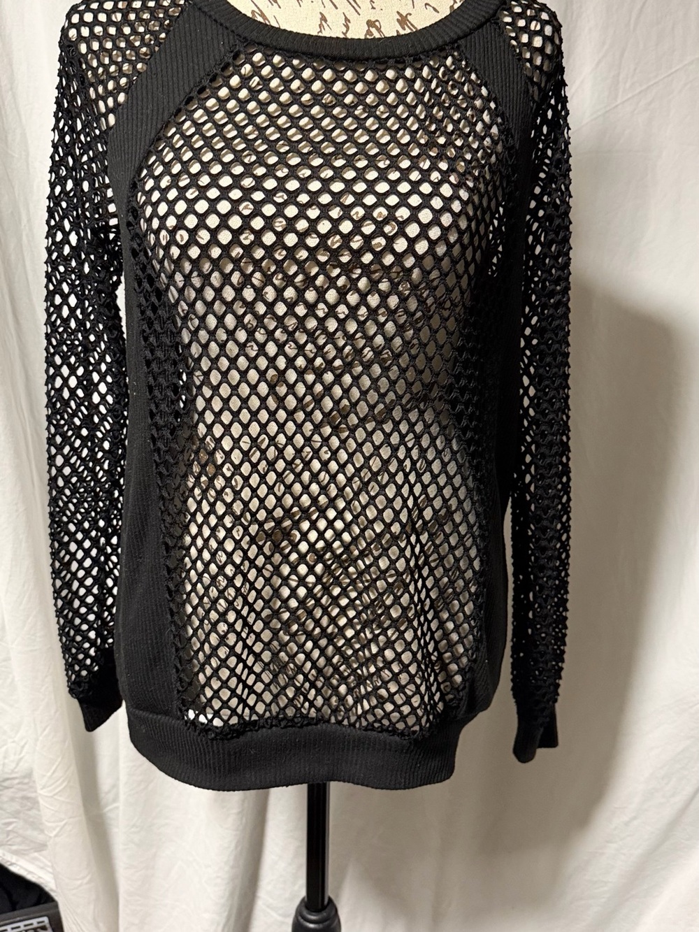 Rue21 Black Fishnet Mesh Overlay Ribbed Knit Top Long Sleeve Gothic Cyberpunk